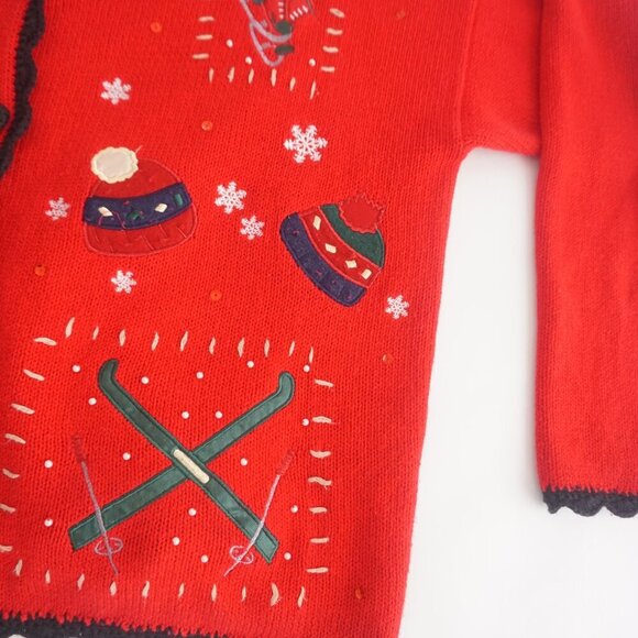 Vtg Basic Holiday Editions Red Embroidered Winter Button Up Cardigan Sweater L - Picture 6 of 12
